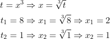 \begin{aligned} t=x^{3}&\Rightarrow x=\sqrt[3] {t}\\ t_{1}=8&\Rightarrow x_{1}=\sqrt[3] {8}\Rightarrow x_{1}=2\\ t_{2}=1&\Rightarrow x_{2}=\sqrt[3] {1}\Rightarrow x_{2}=1 \end{aligned}